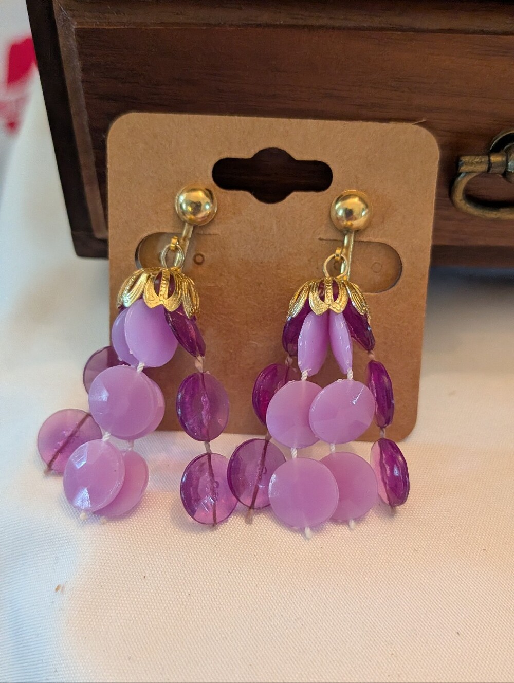 Gold-Accent Lavender & Purple Beaded Drop Clip On Earrings